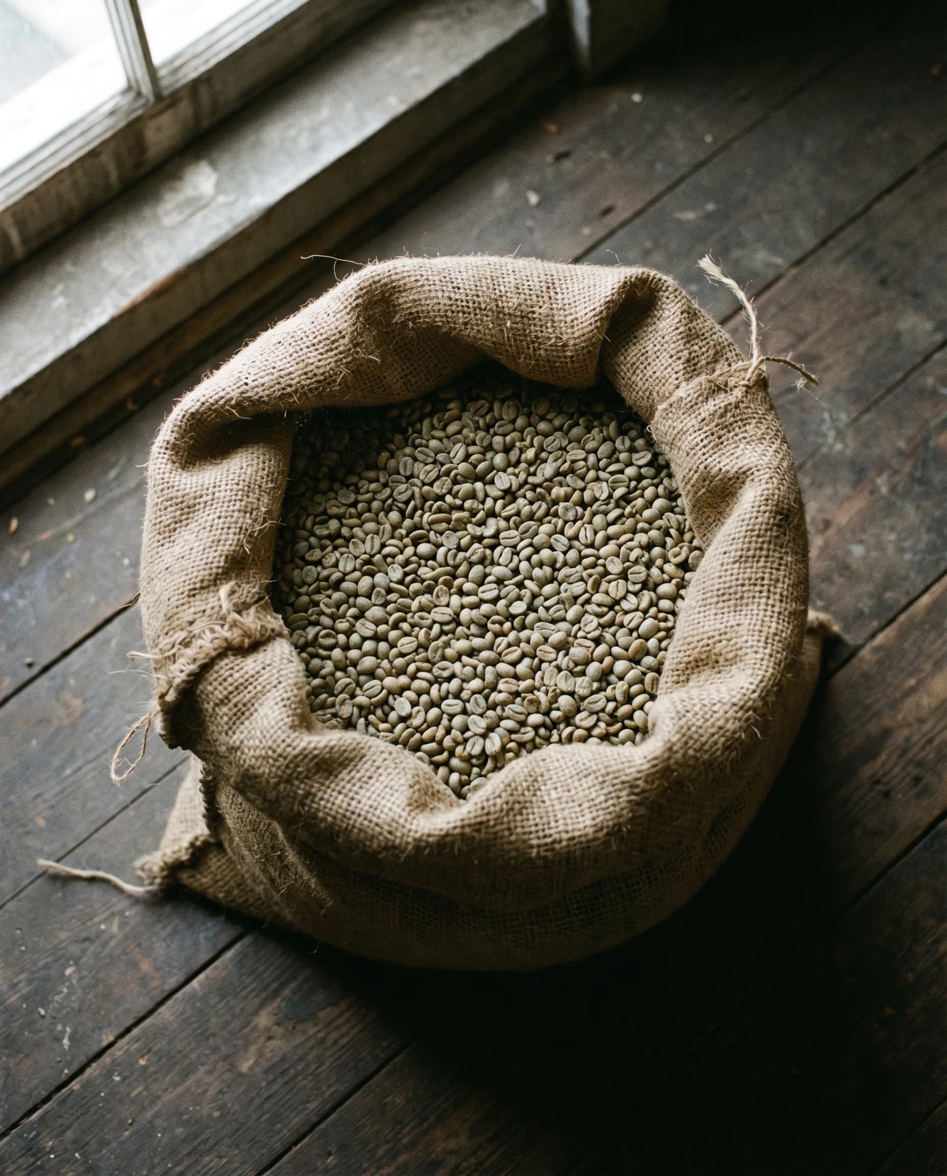 green coffee beans in jute bag