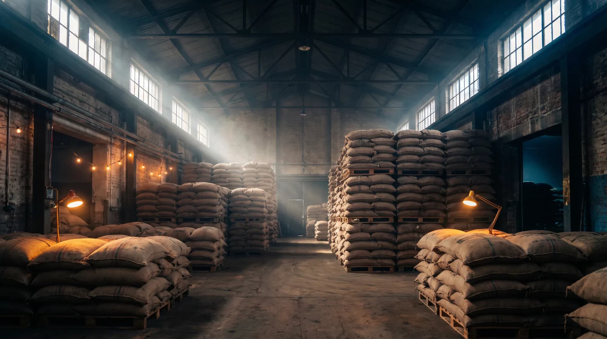 coffee importer warehouse with stacked sacks